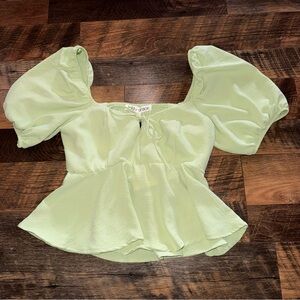 Elegant Light Green Puff Sleeve Blouse